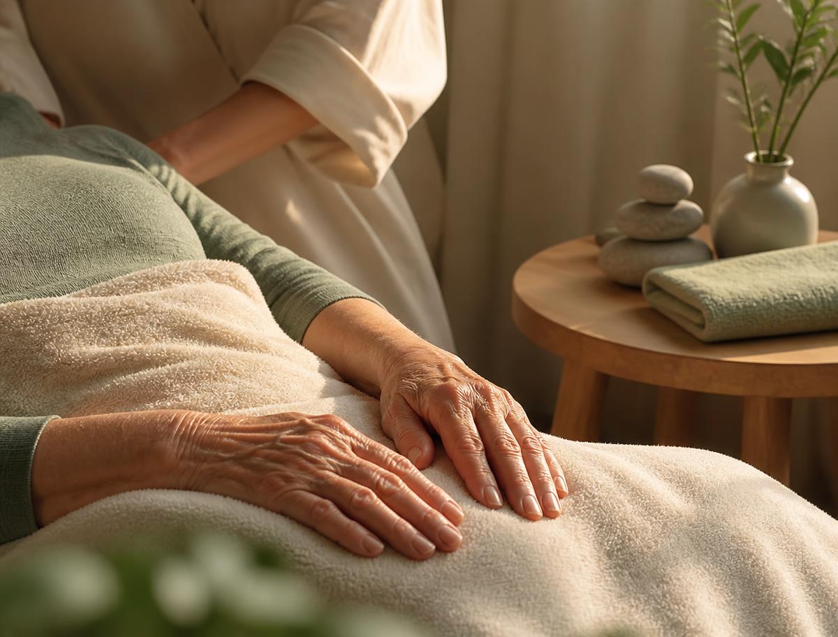 Relaxed hands resting during an in-home relaxation wellness massage