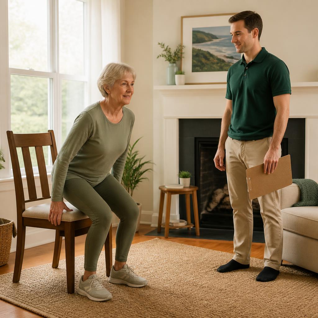 Kinesiologist observing a client performing a functional sit-to-stand movement during an assessment