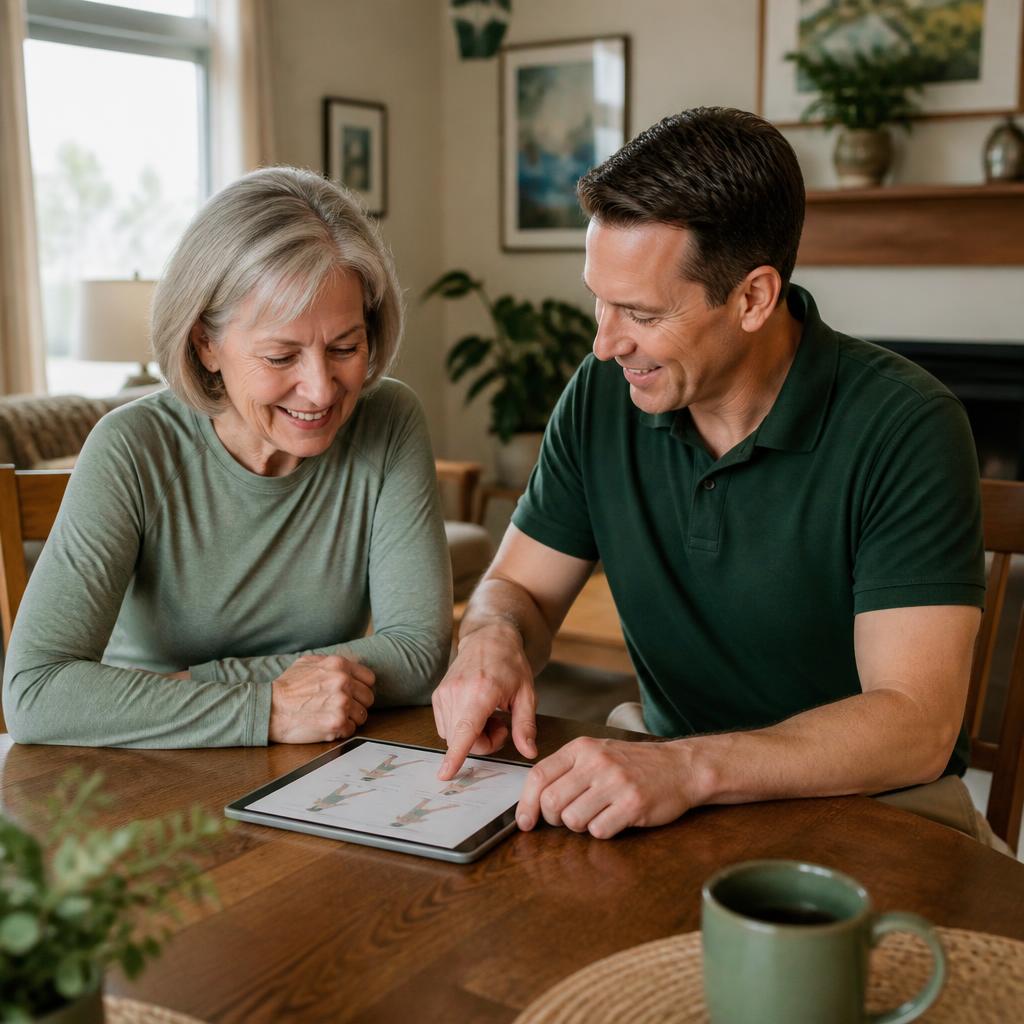 Kinesiologist and client reviewing a personalized movement plan together at a table